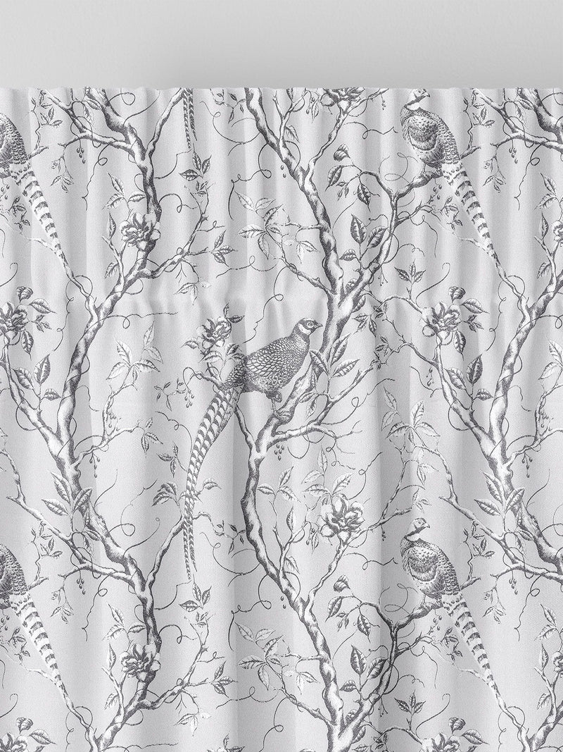 Silver Carren grey curtains with woven bird design, UK version