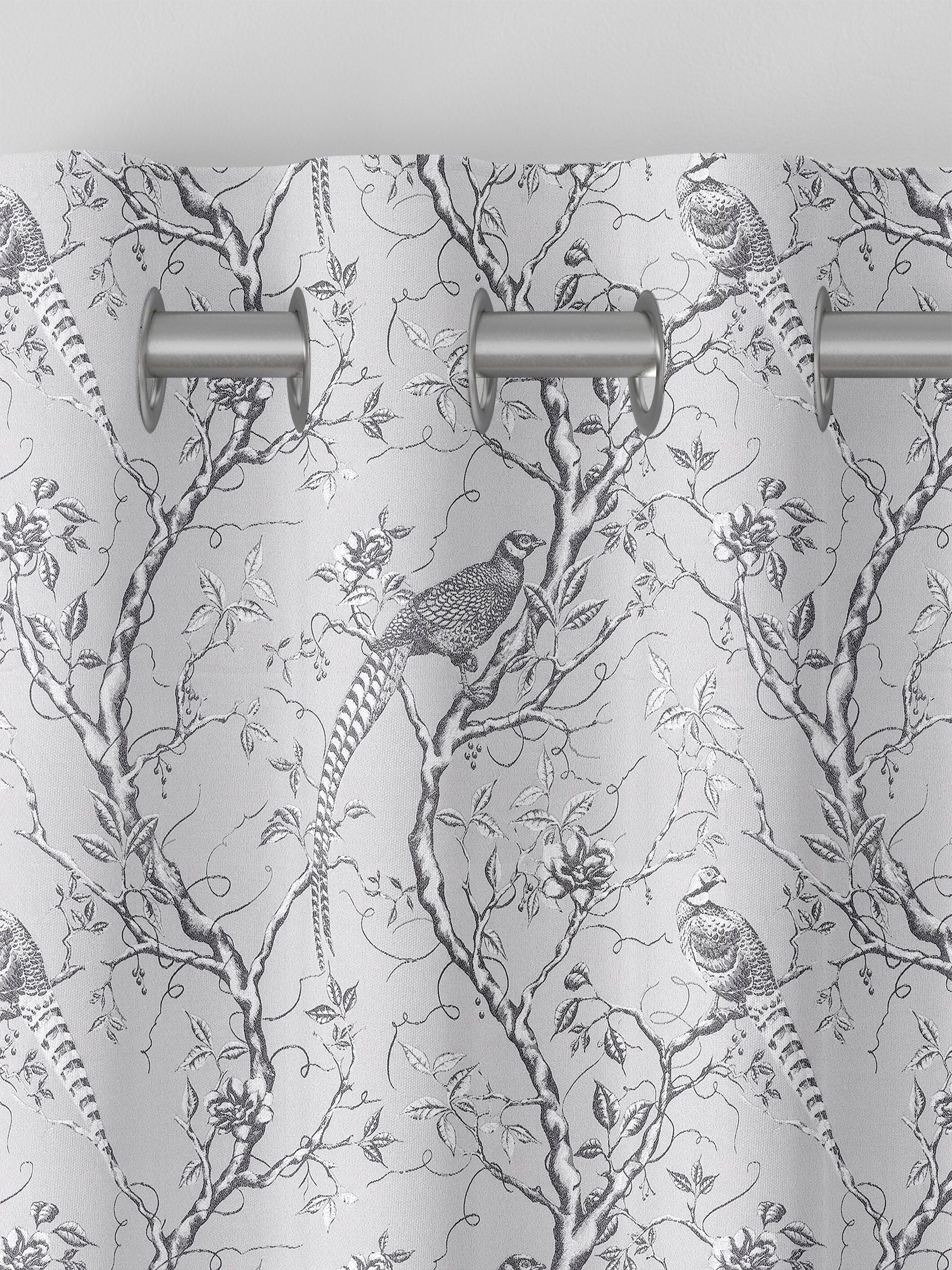 Silver Carren grey curtains with woven bird design, UK version