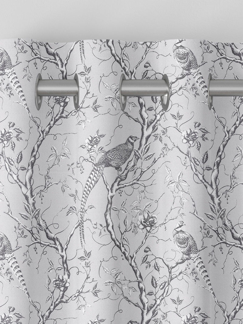Silver Carren grey curtains with woven bird design, UK version
