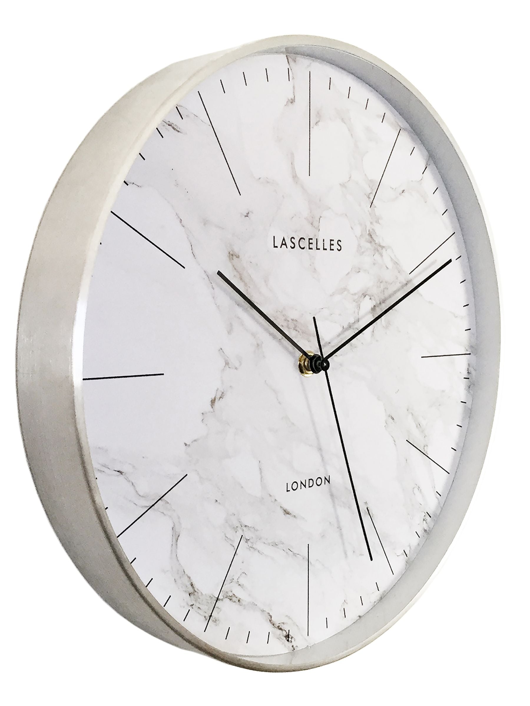 Lascelles brushed chrome wall clock with marble dial 31 cm - British product