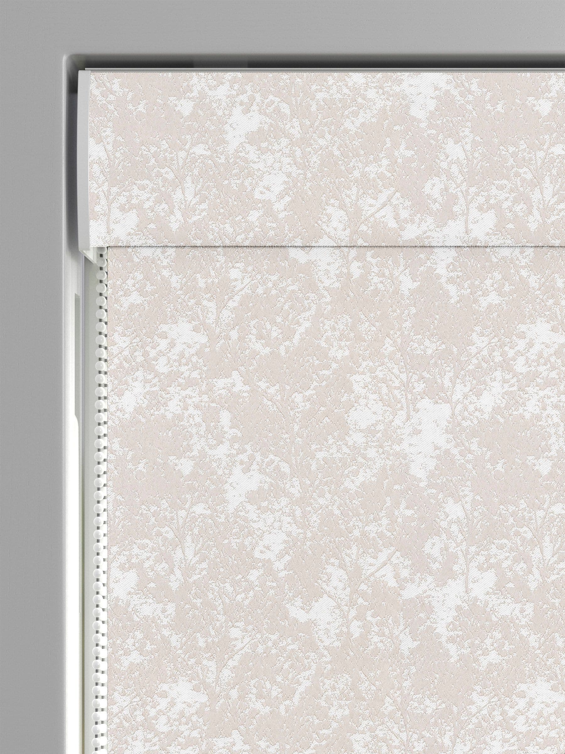 Evin taupe roman blind with woven tree motif, UK version