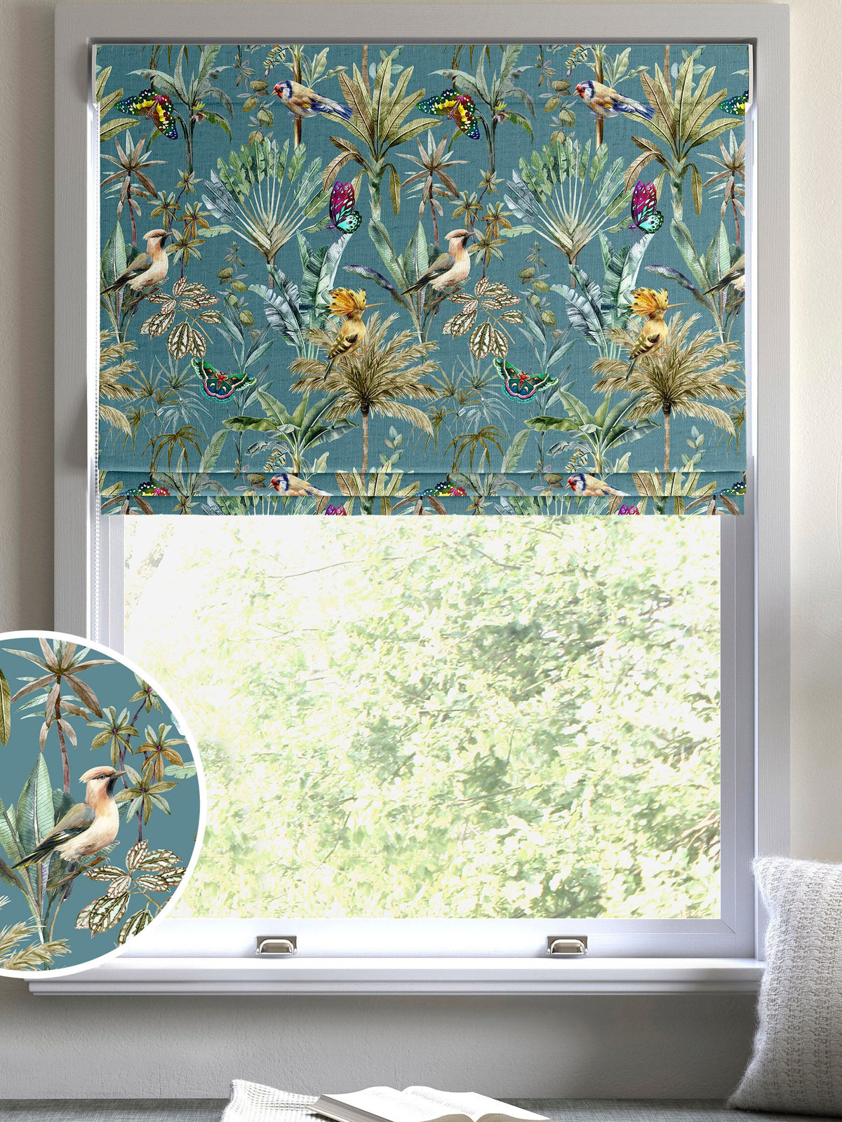 Teal tropical print roman blind made to measure - British product