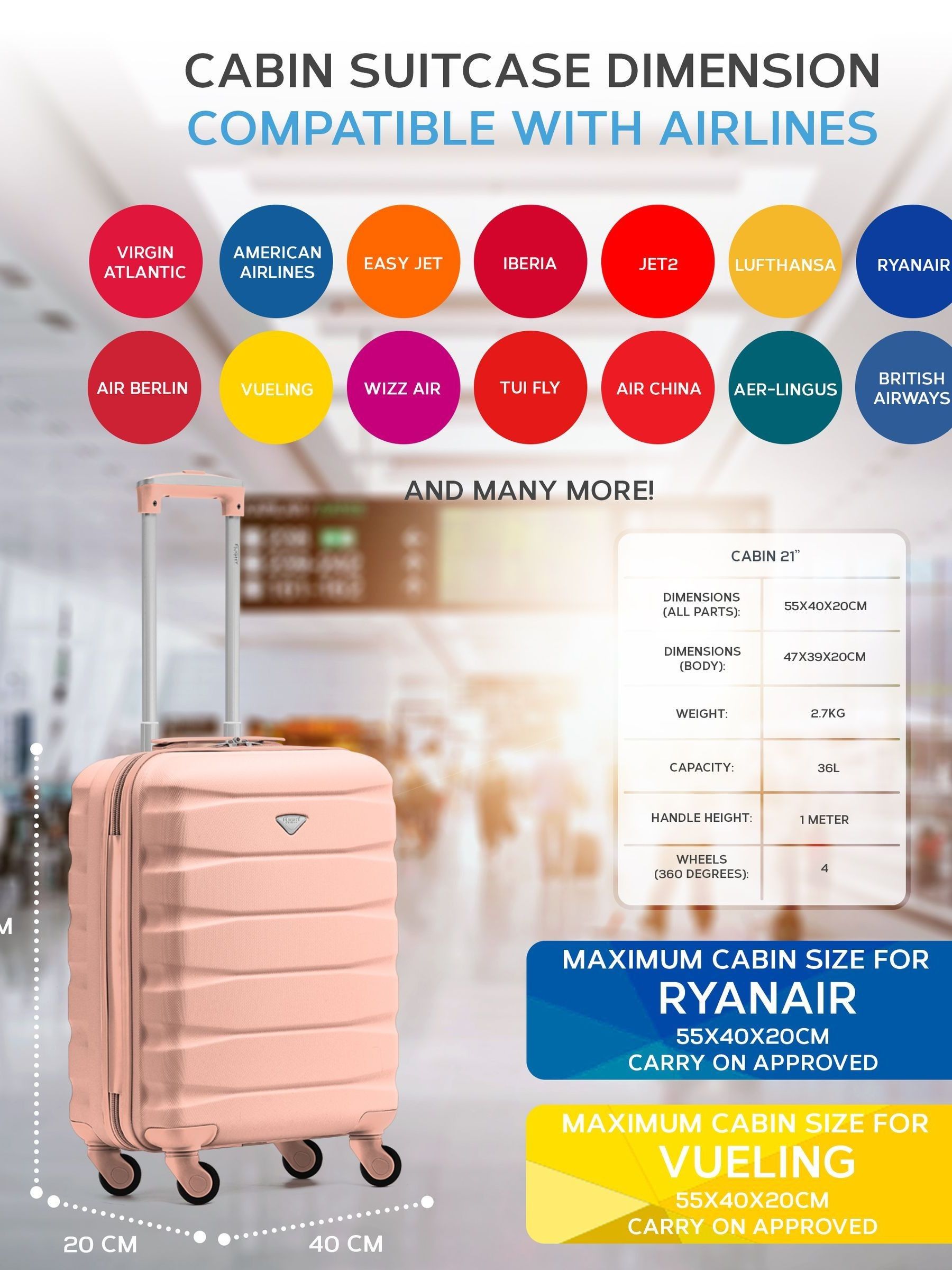 Flight Knight cabin suitcase set rose gold and black 55x40x20cm (British brand)