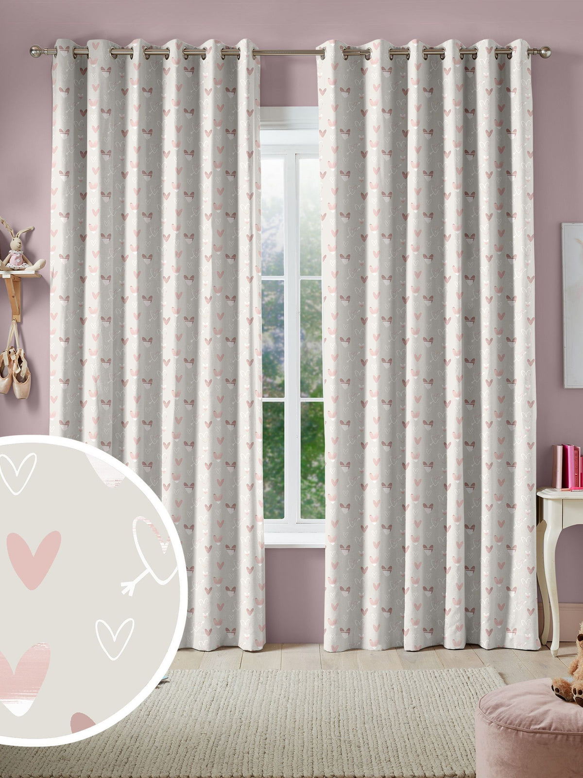 Natural Kids Love Hearts curtains, imported from the UK