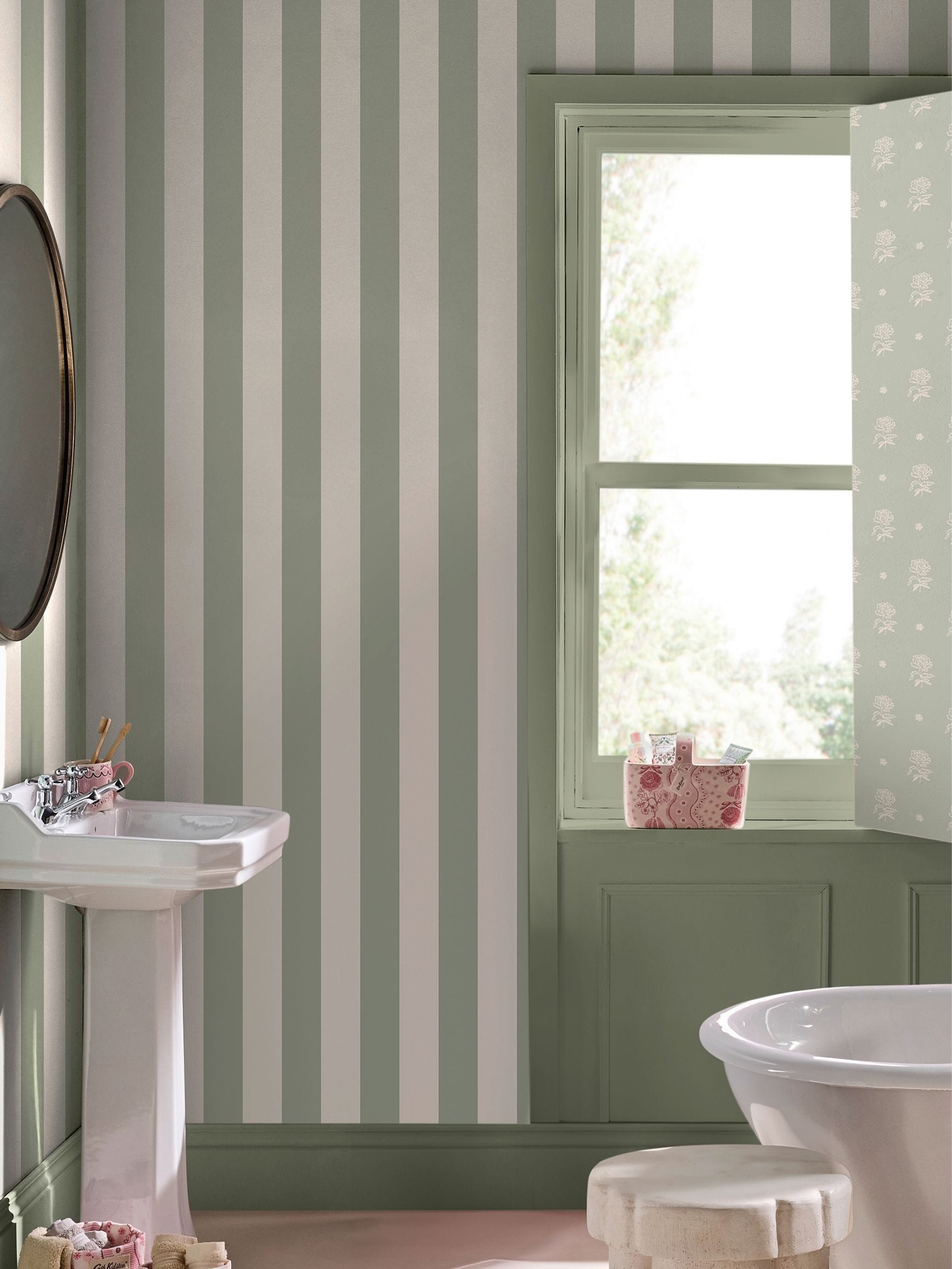 Cath Kidston sage canopy stripe A4 wallpaper sample, UK version
