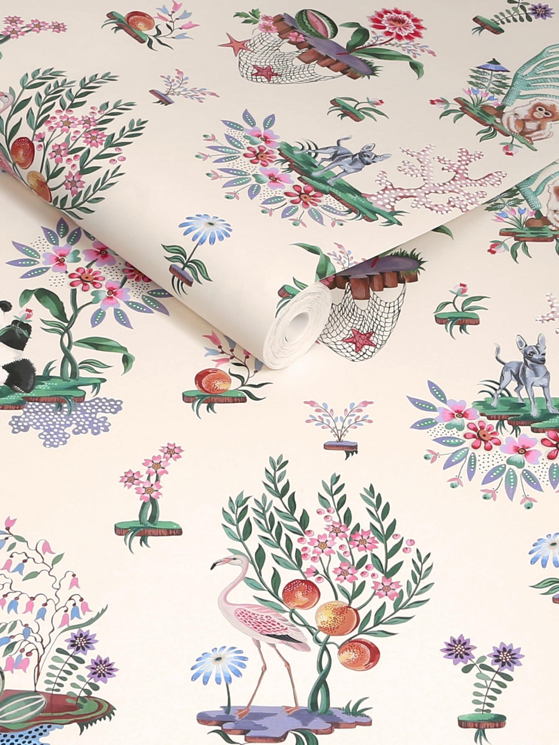 Cath Kidston Cream Chihuahua Island wallpaper sample (British brand)