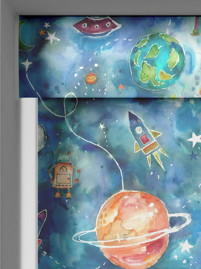 Voyage space print sky blue roller blind - British product