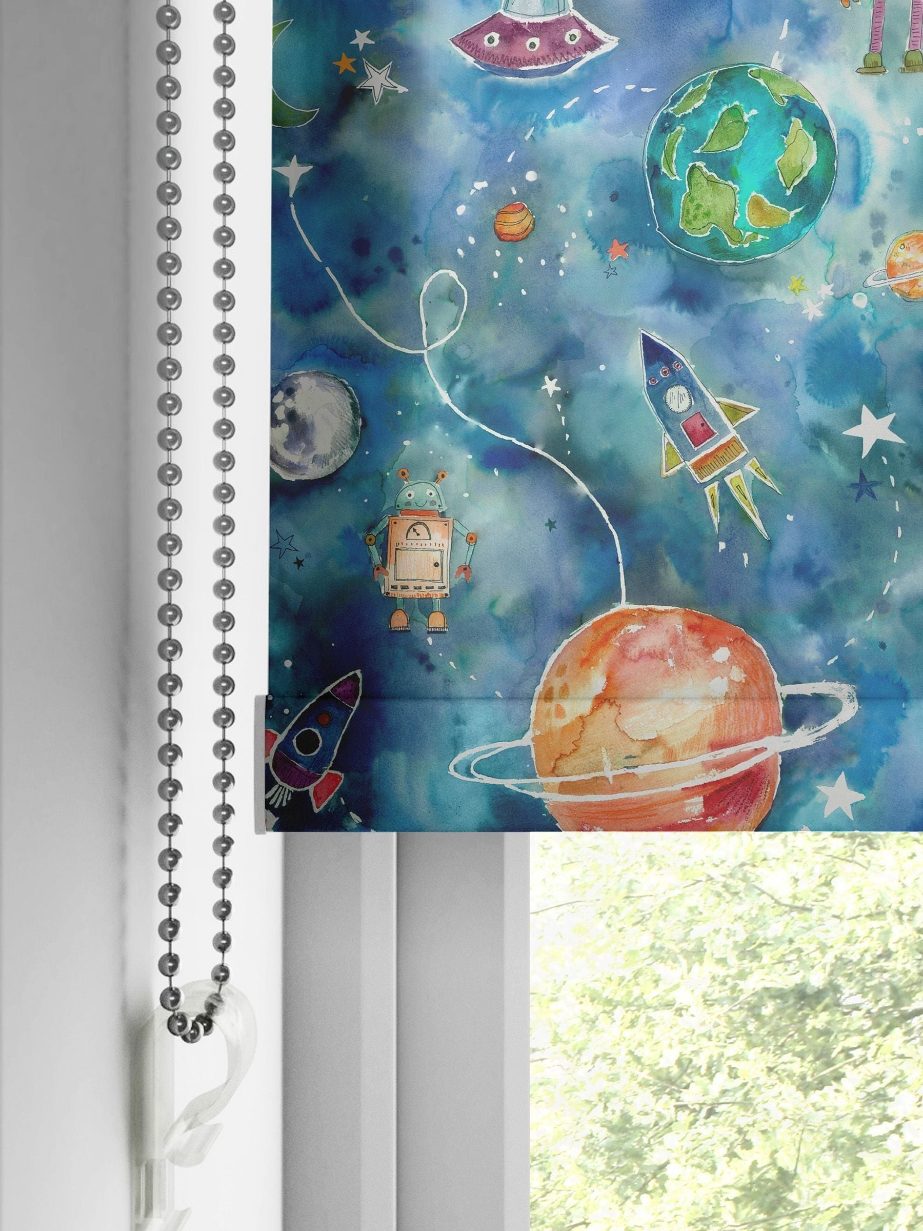 Voyage space print sky blue roller blind - British product
