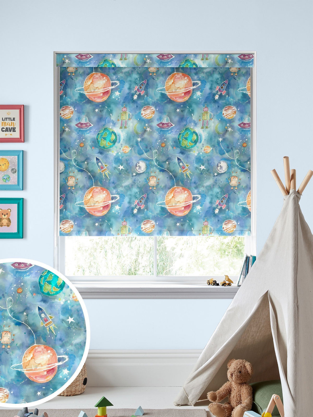 Voyage space print sky blue roller blind - British product