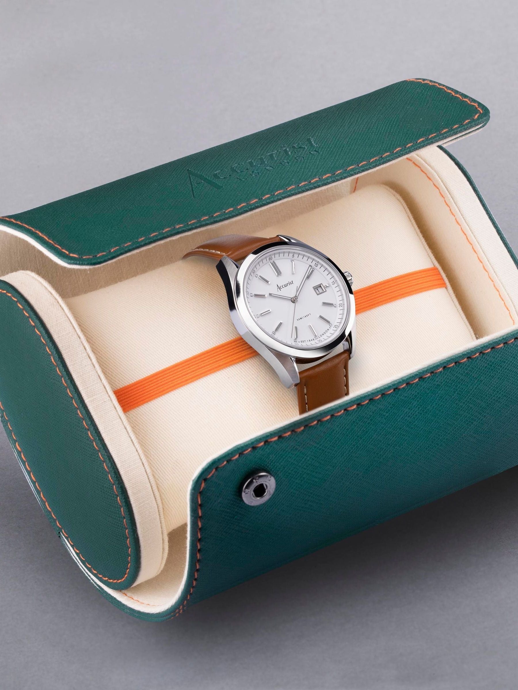 Men's Analogue Watch with Brown Leather Strap, Stainless Steel Case, and Date Display