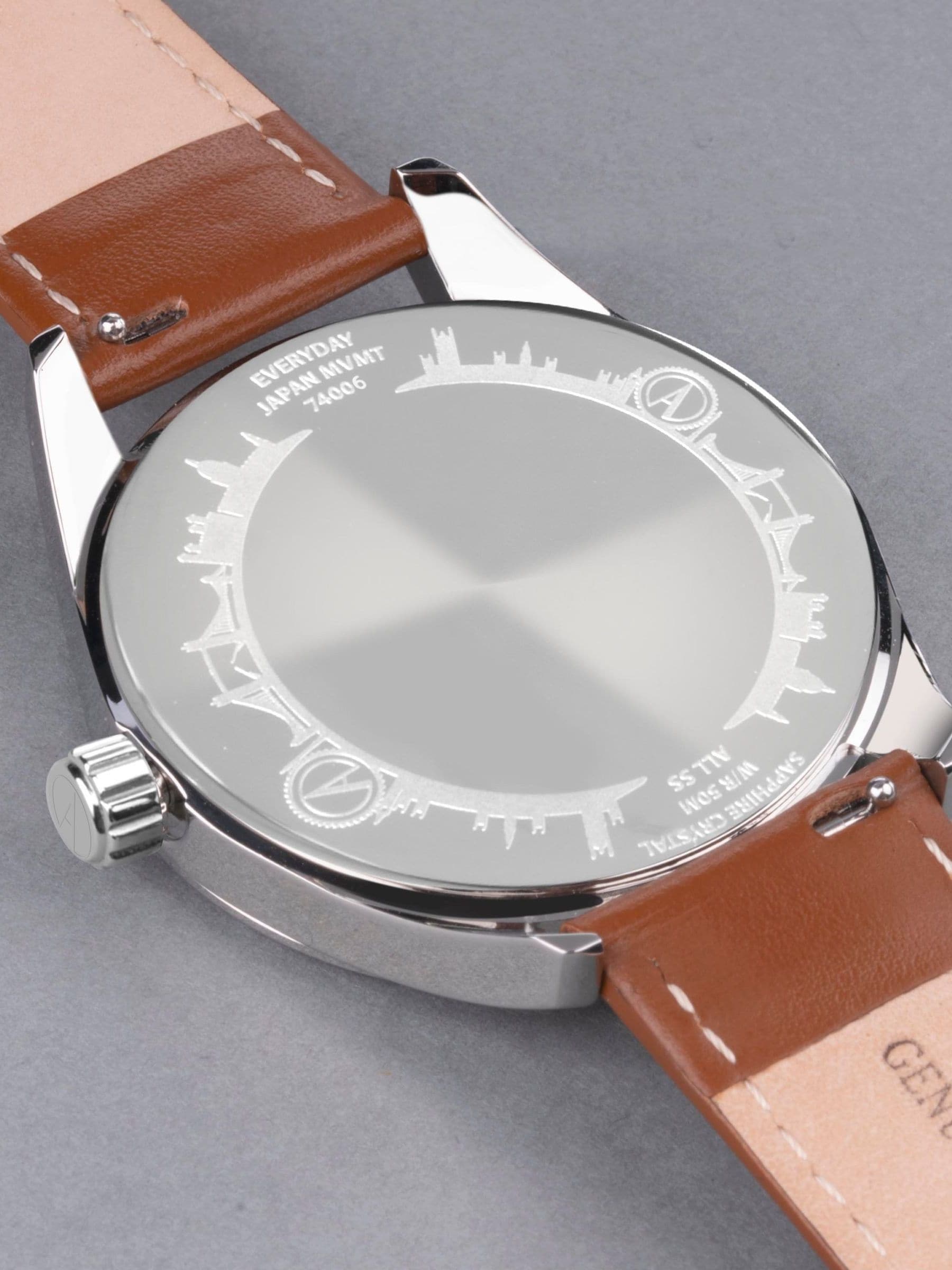 Men's Analogue Watch with Brown Leather Strap, Stainless Steel Case, and Date Display