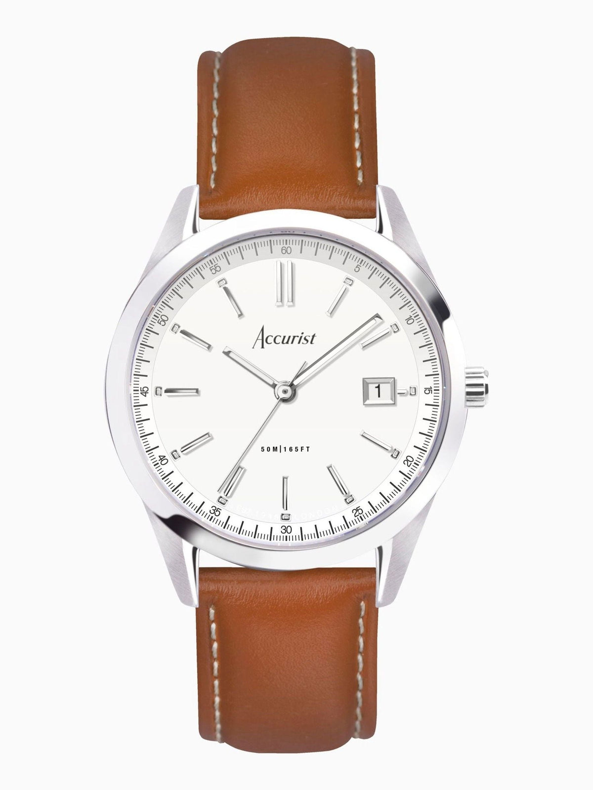 Men's Analogue Watch with Brown Leather Strap, Stainless Steel Case, and Date Display