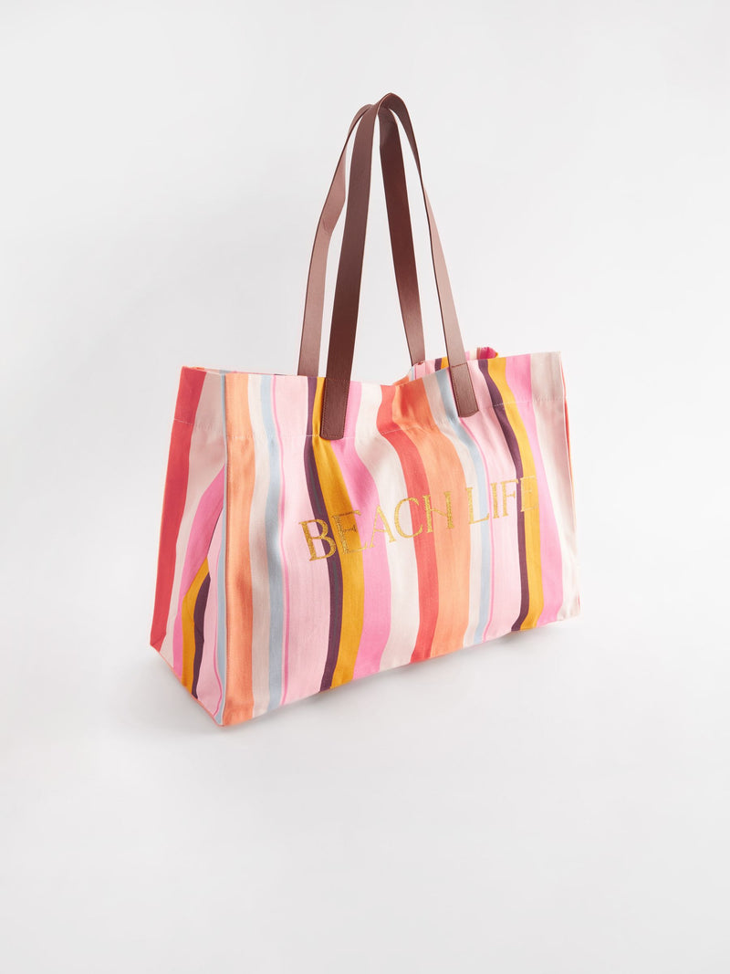 Large multi striped cotton canvas beach bag imported from the UK