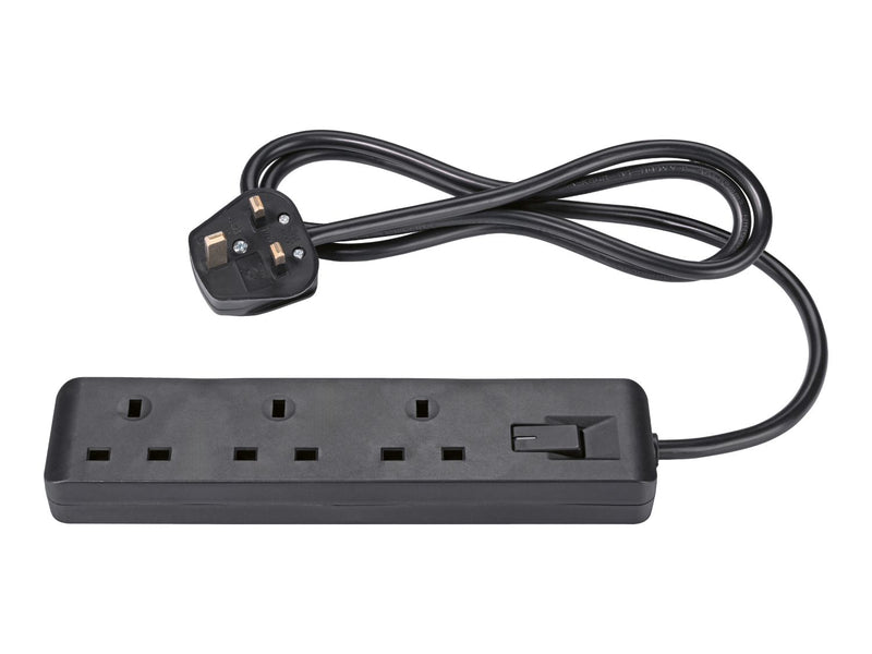 Black 3 socket extension lead with 1.4m cable, imported from the UK