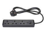 Black 3 socket extension lead with 1.4m cable, imported from the UK