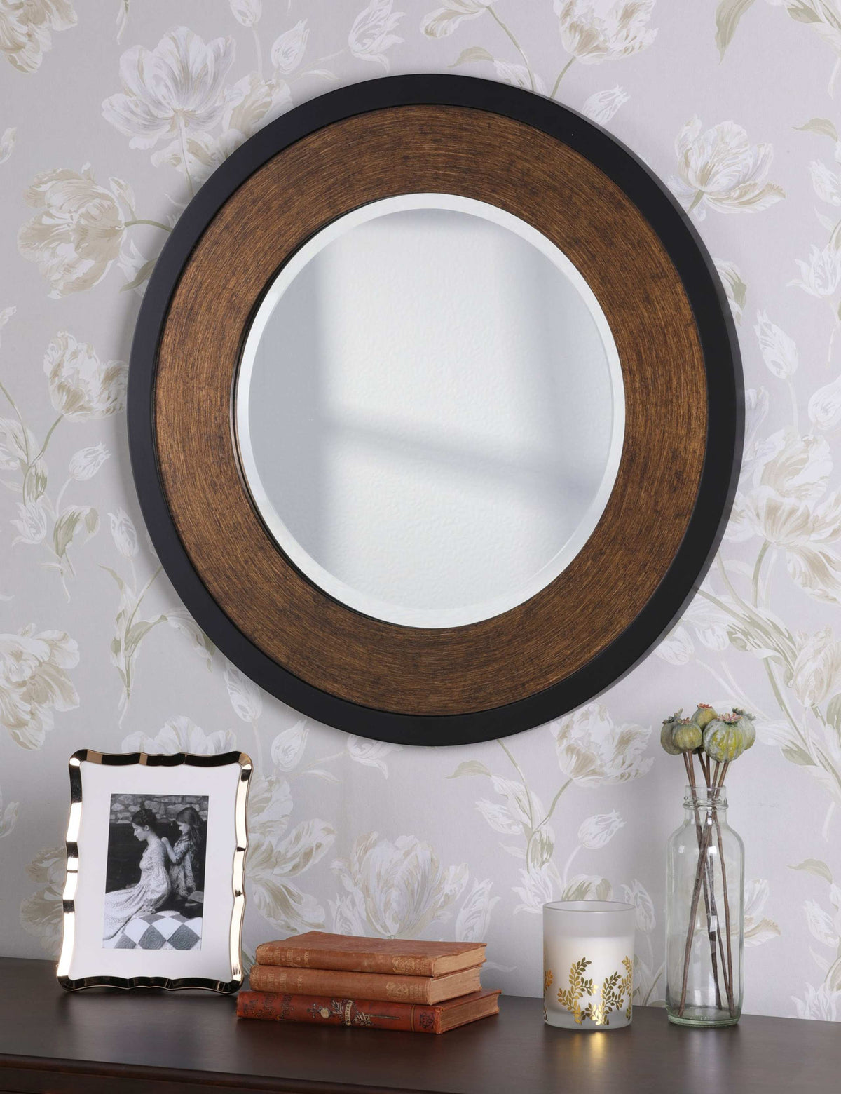 Laura Ashley Cara round wall mirror with bronze finish, UK version