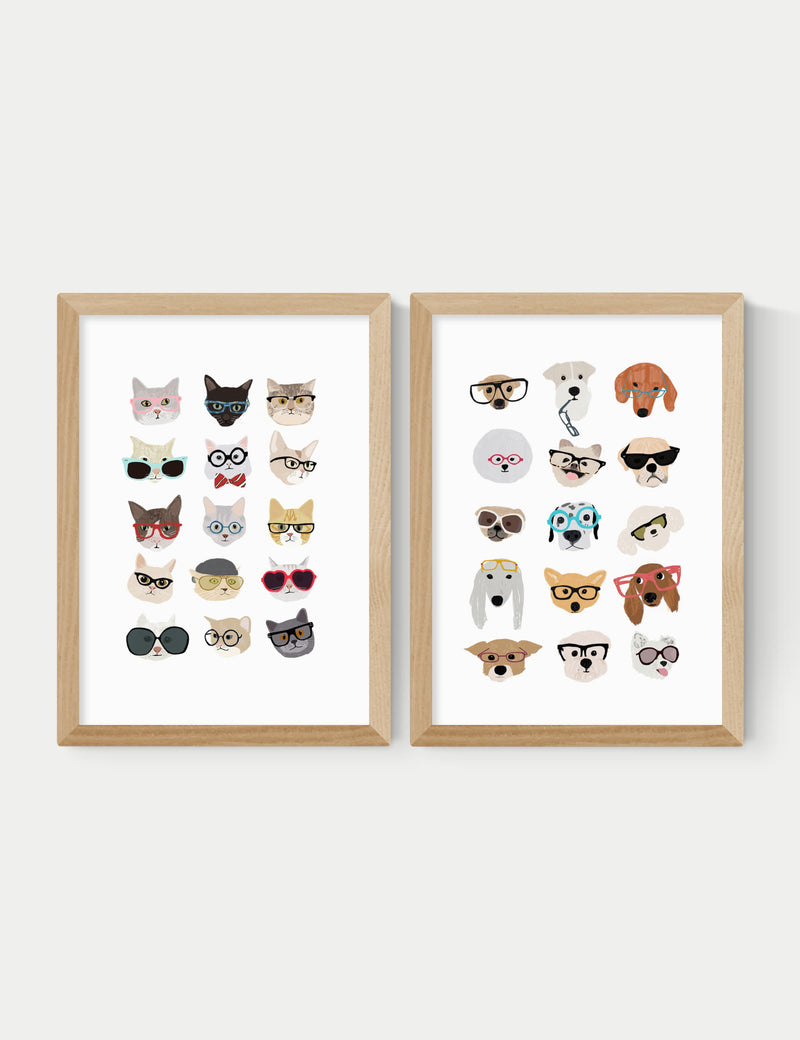 East End Prints cats and dogs in glasses framed art twin set - British product