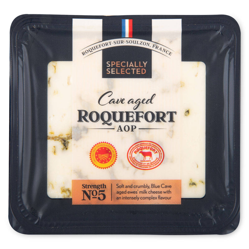 Roquefort French blue cheese cave-aged AOP, imported from the UK