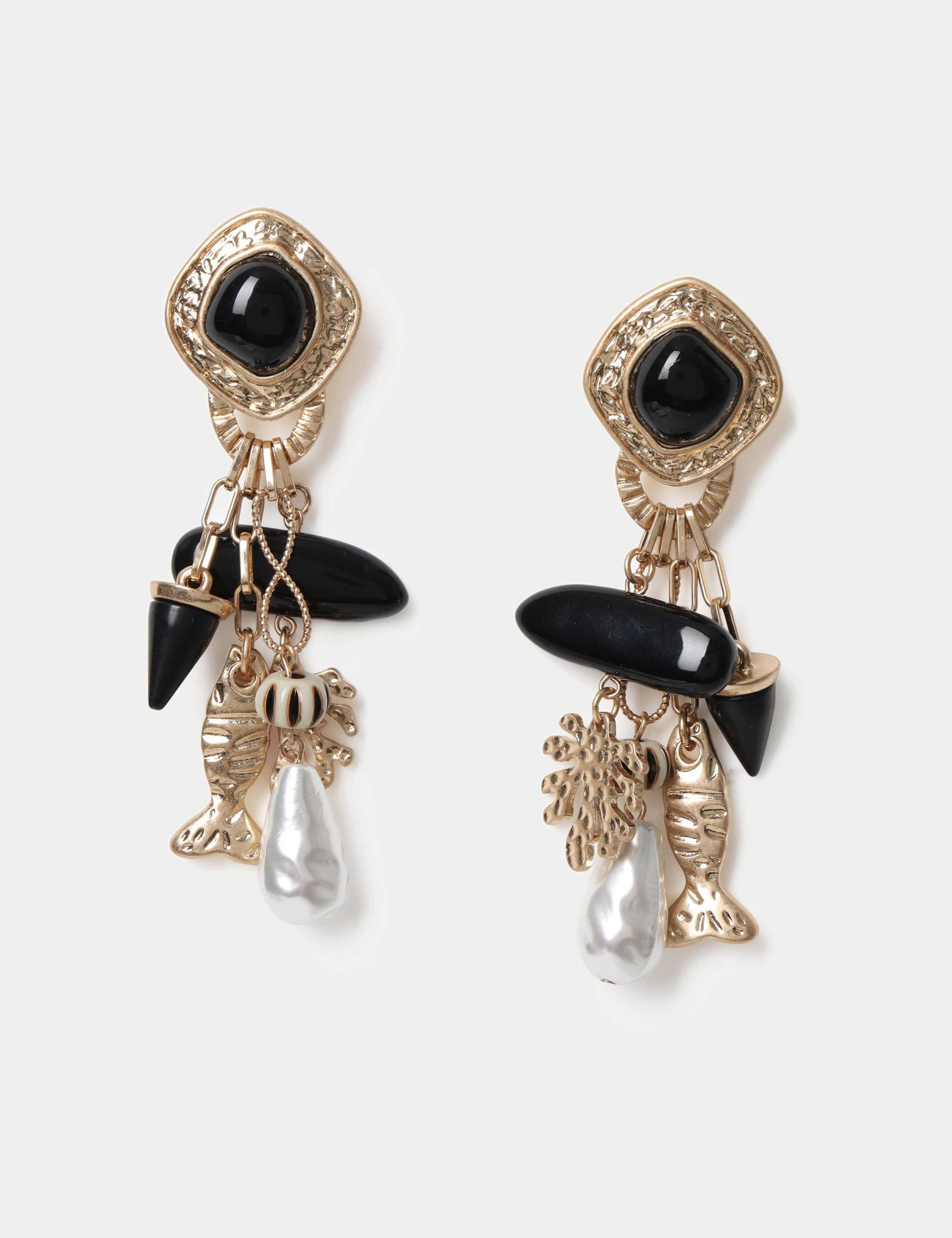 Charm drop earrings with zinc alloy, stone, and glass pearls, UK version