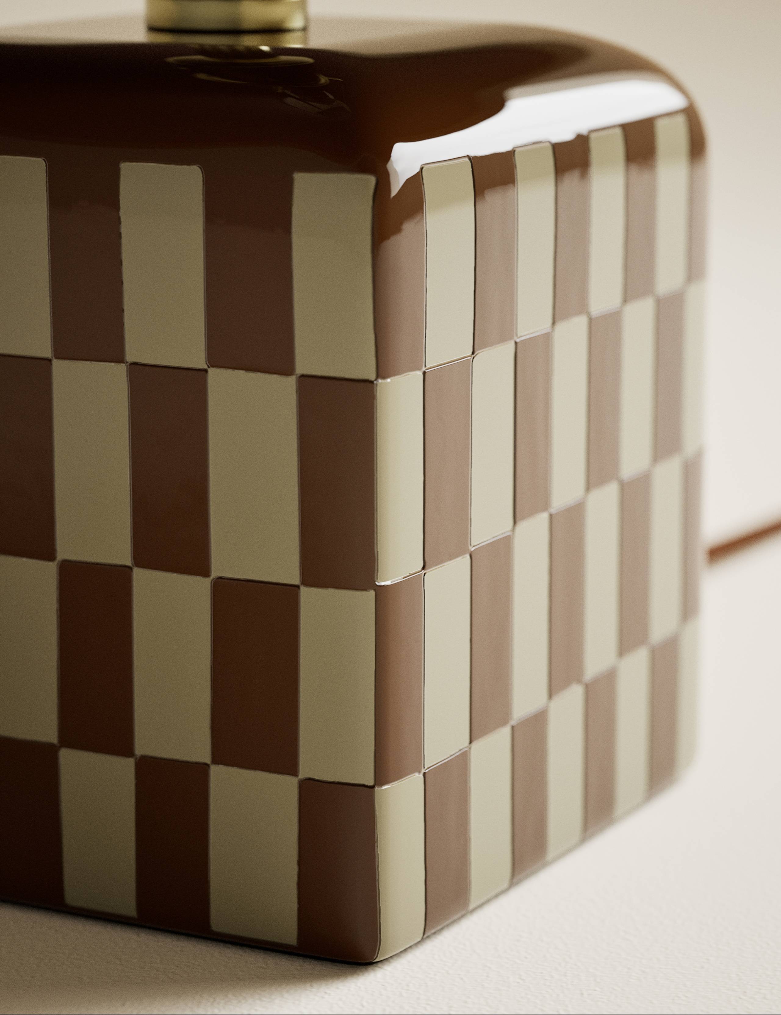 Checkerboard ceramic table lamp with scalloped shade, imported from the UK