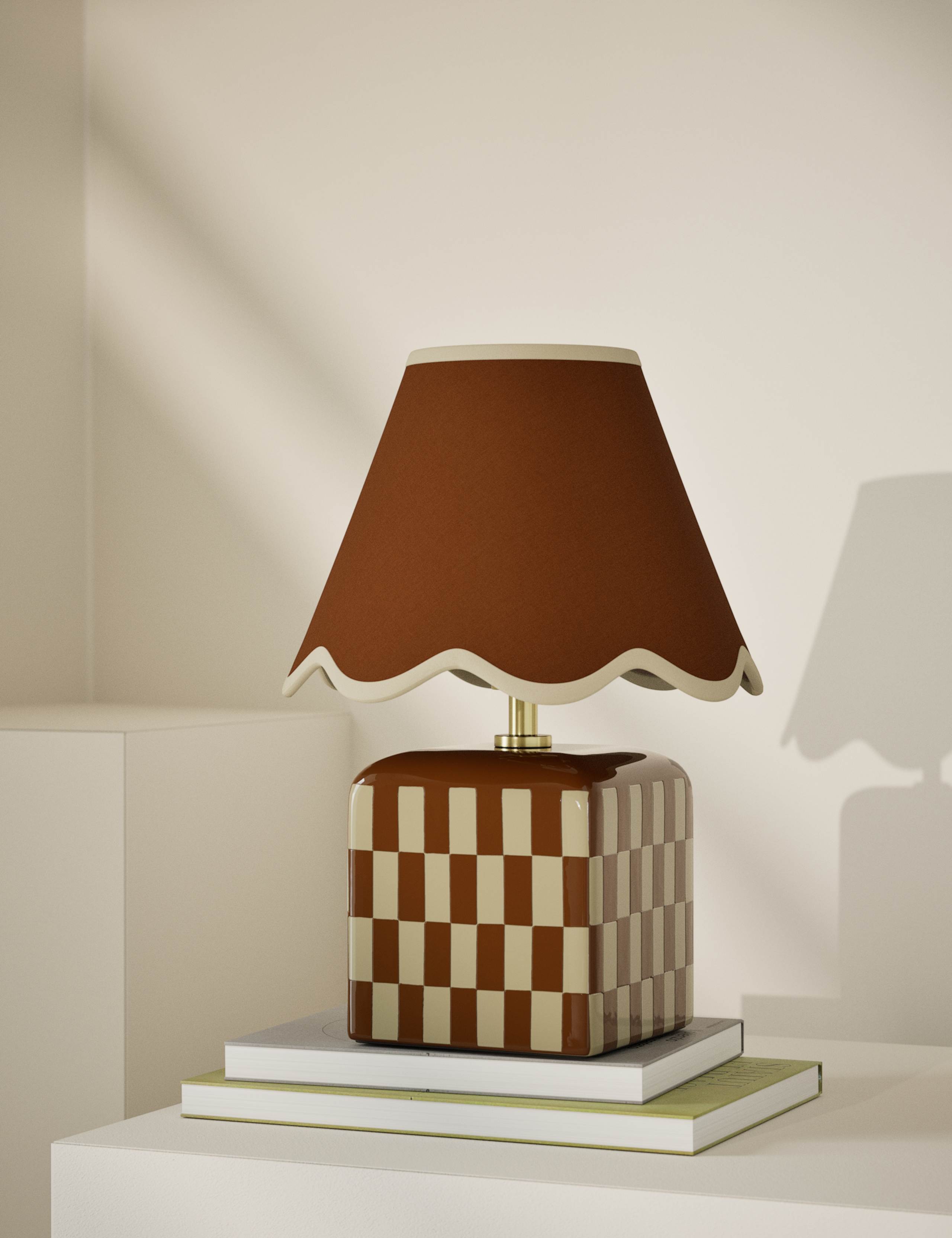 Checkerboard ceramic table lamp with scalloped shade, imported from the UK
