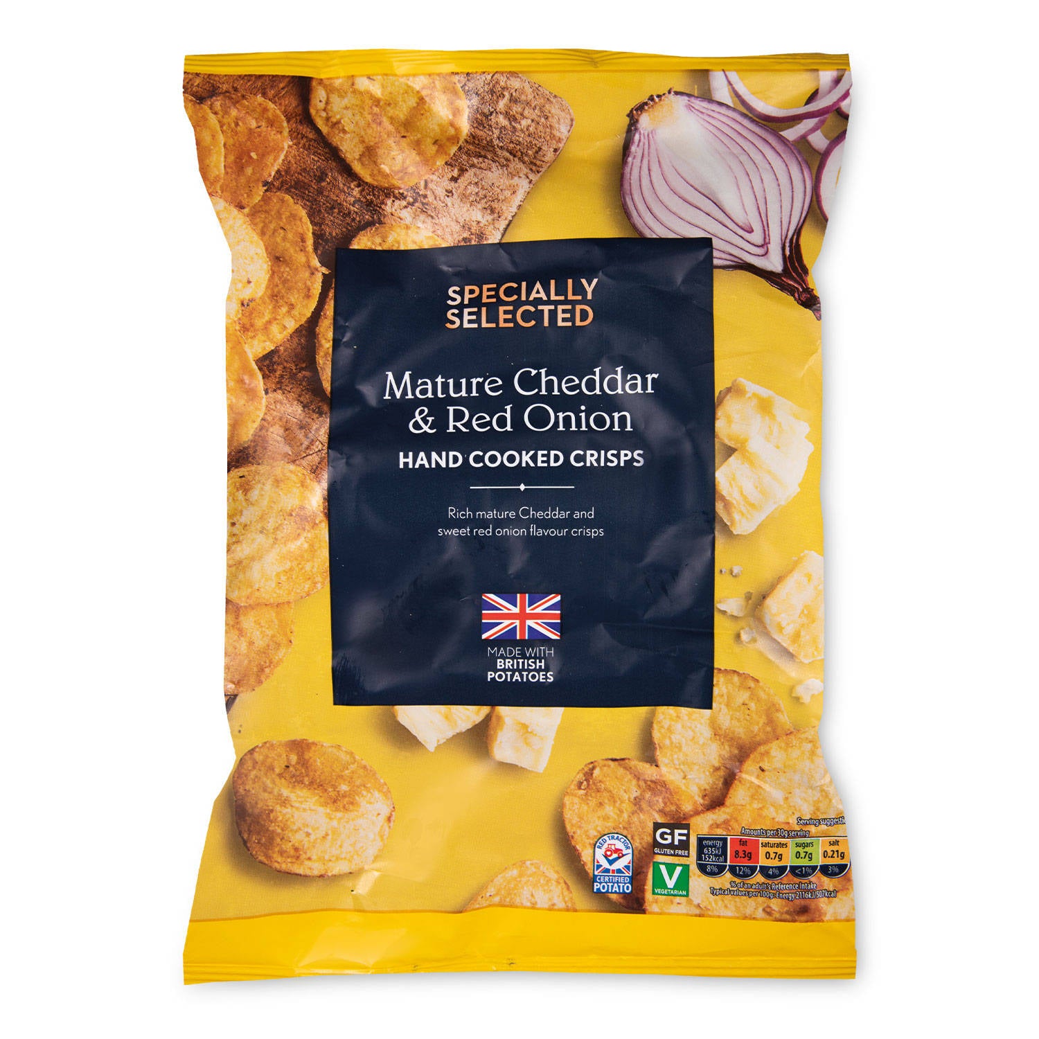 Handcooked cheddar and onion crisps - British product