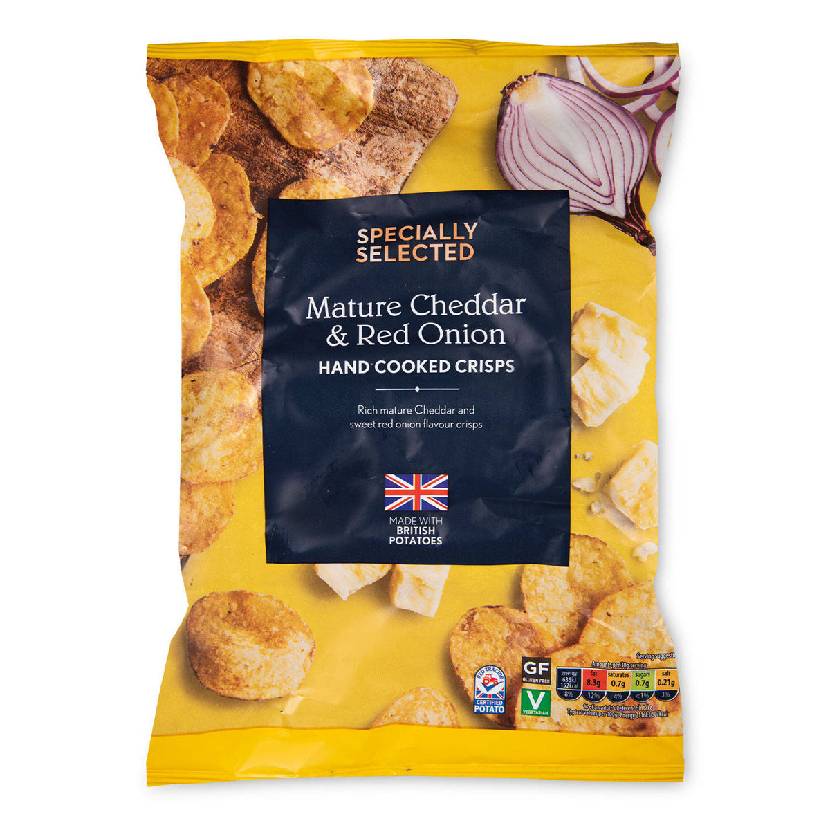 Handcooked cheddar and onion crisps - British product