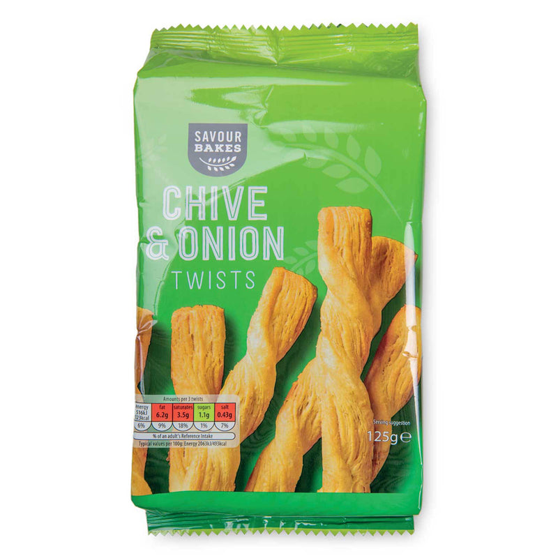 Cheese and chive twists savoury snack (British brand)