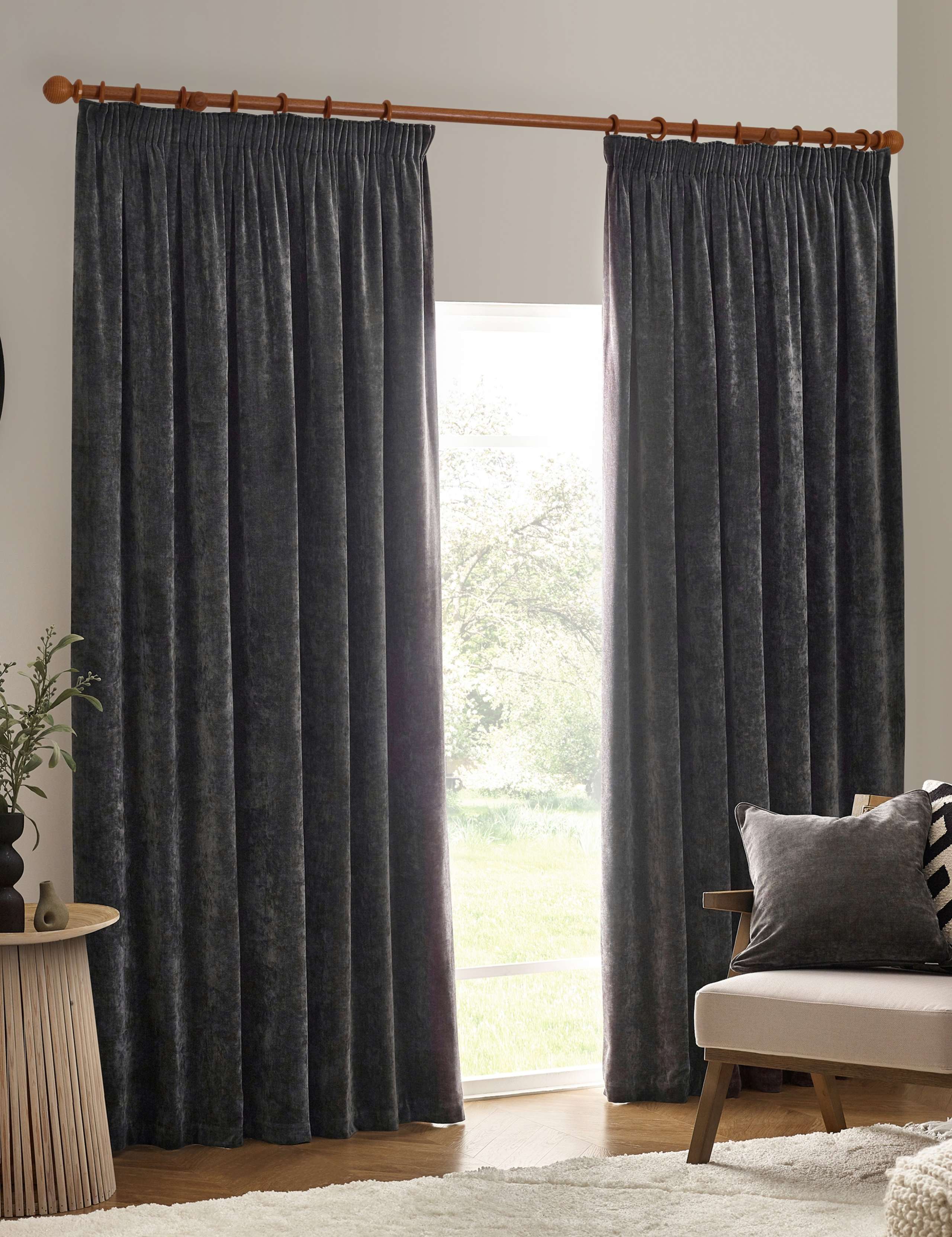 Yard Chenille Blackout Pencil Pleat Curtains, imported from the UK