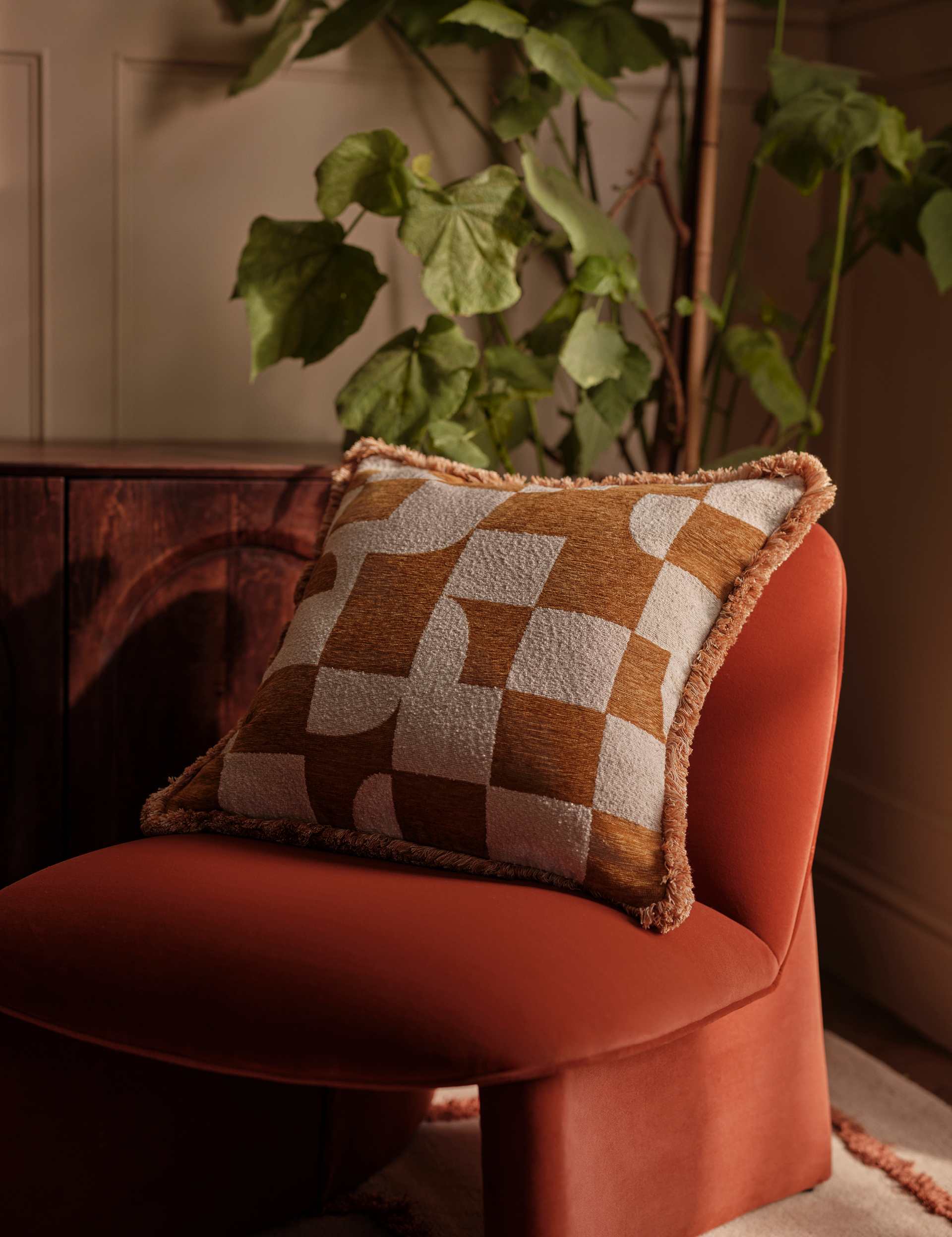Geometric chenille jacquard fringed cushion, UK version