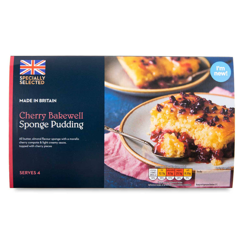 Cherry Bakewell sponge pudding with cherry compote, imported from the UK