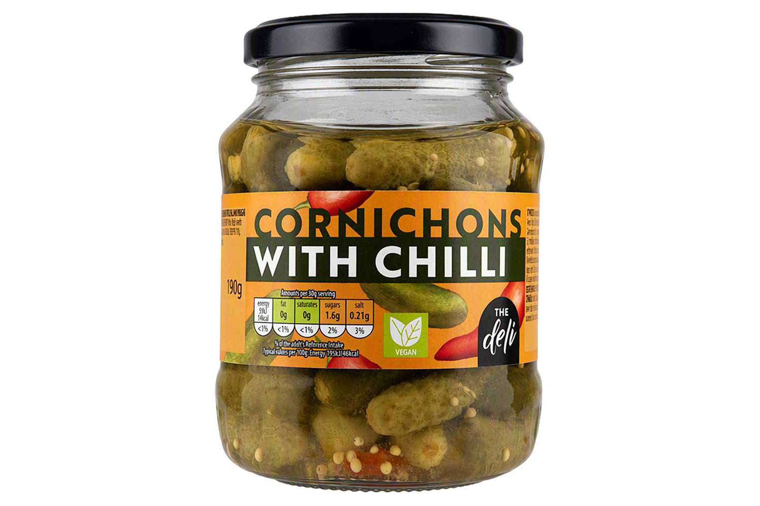 Chilli cornichons and gherkins in a jar, British brand