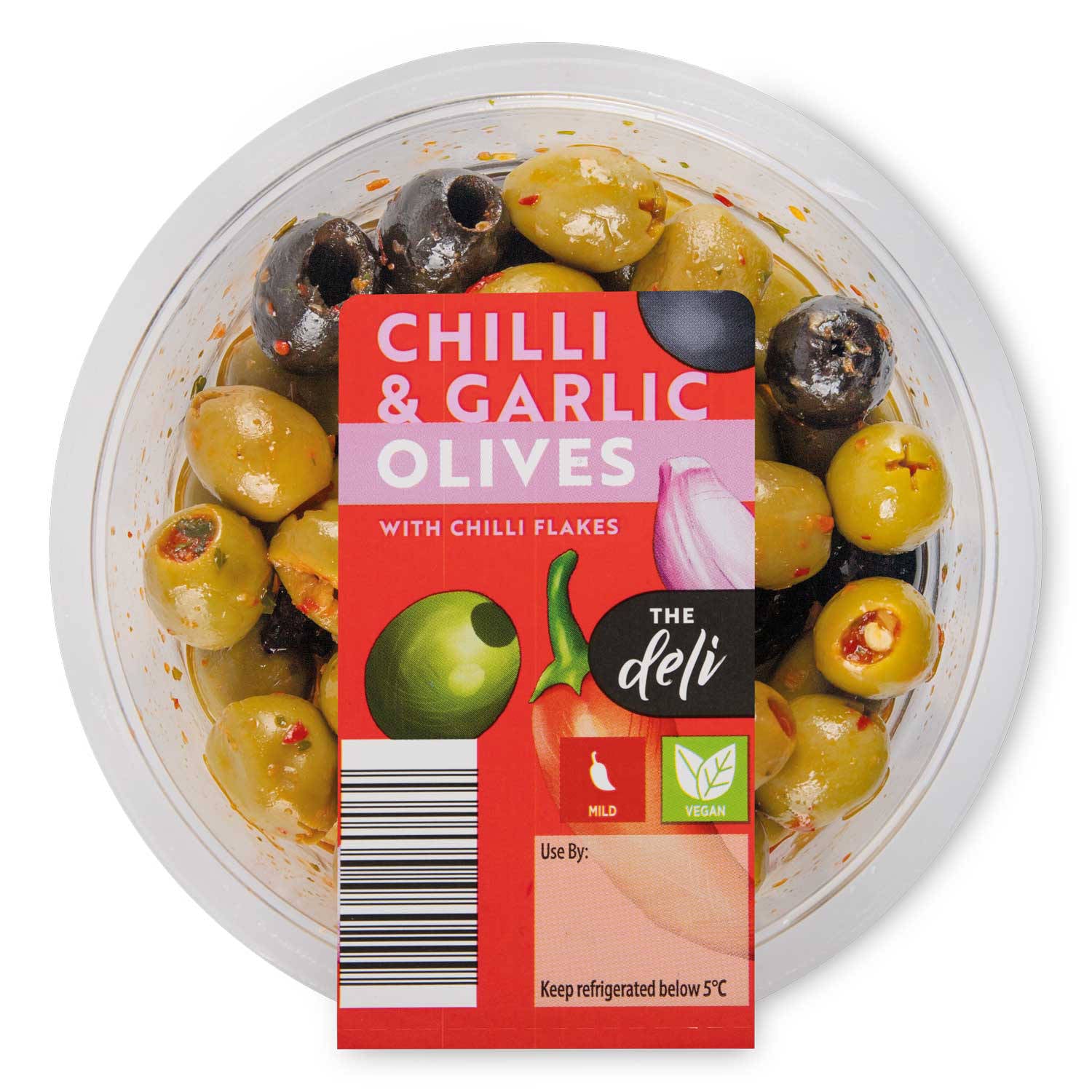 Chilli and garlic olives 140g jar (British brand)