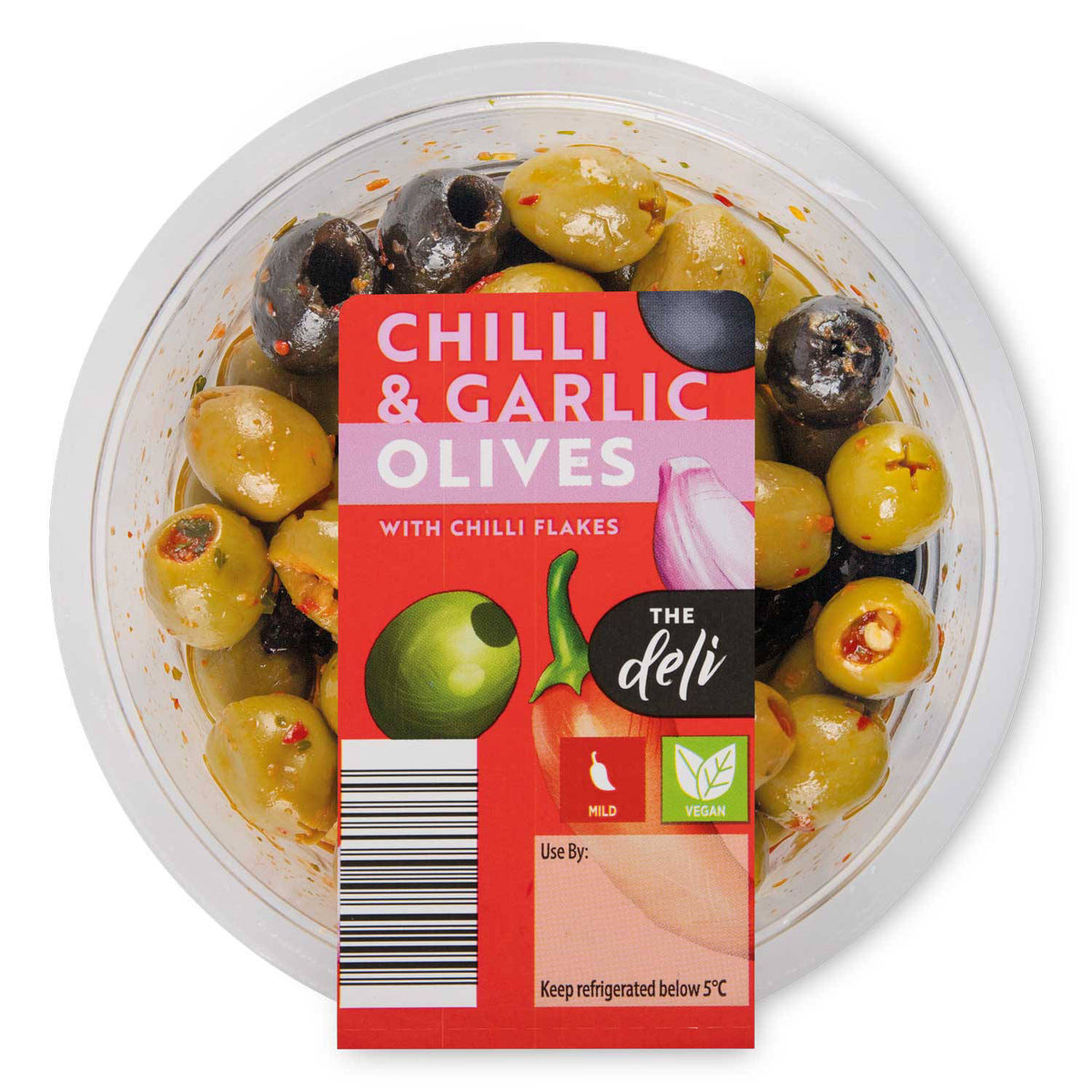 Chilli and garlic olives 140g jar (British brand)