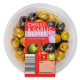 Chilli and garlic olives 140g jar (British brand)