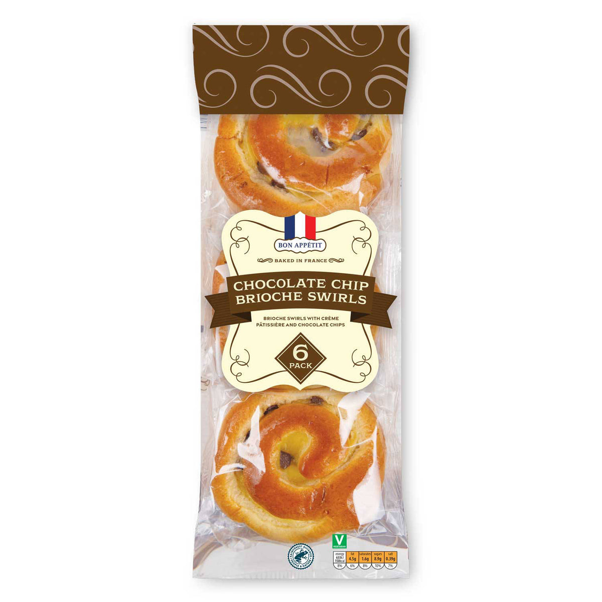 Chocolate chip brioche swirls with vanilla cream filling, UK version