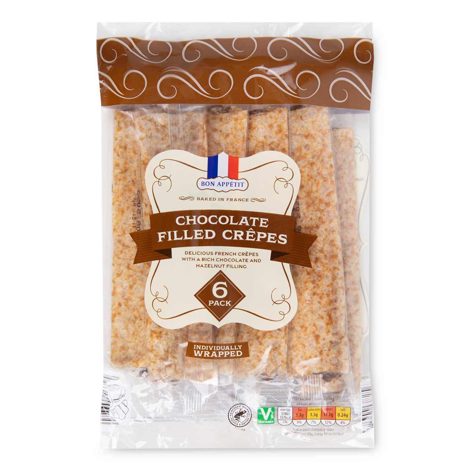 Pack of six chocolate filled crêpes, individually wrapped, imported from the UK