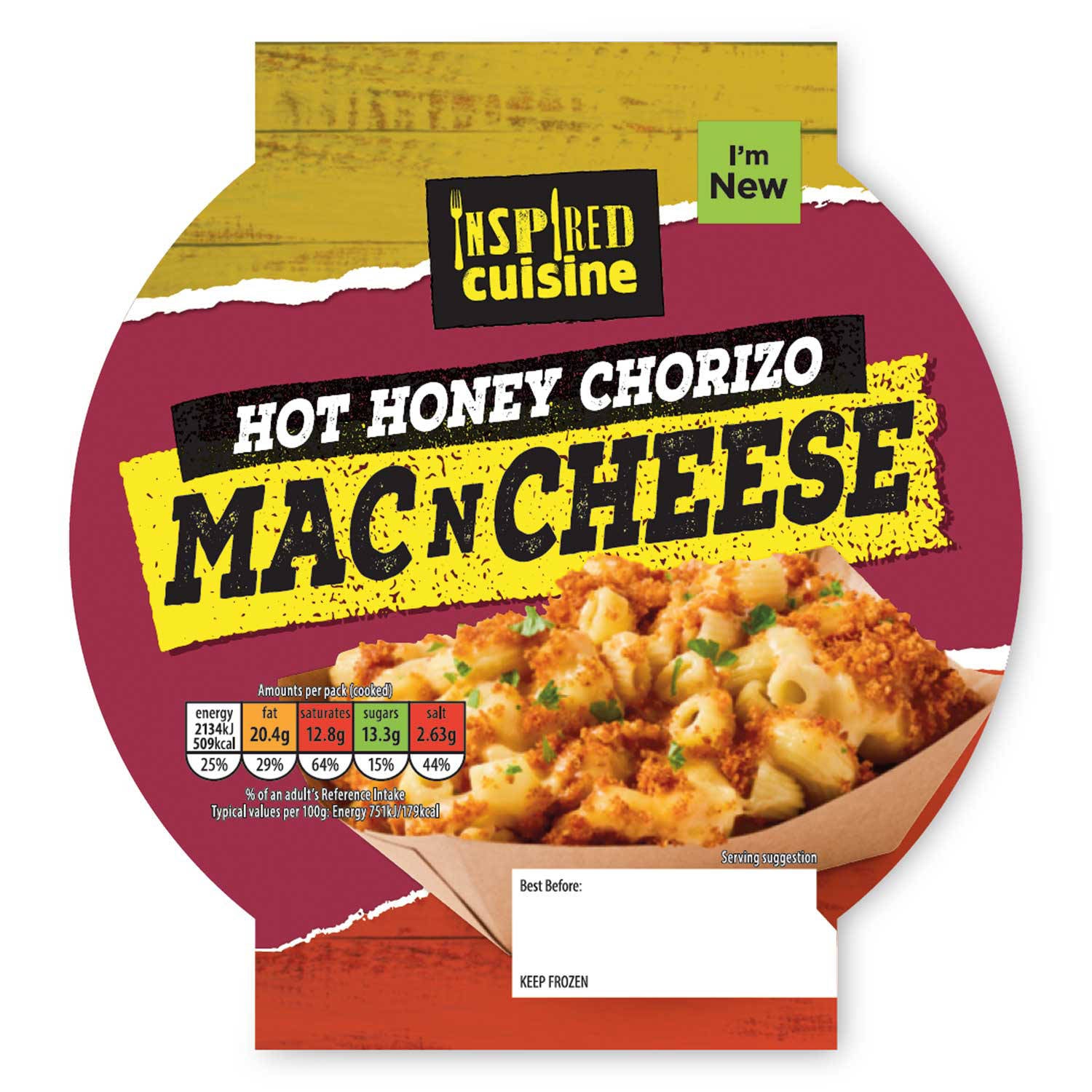 Frozen Chorizo Hot Honey mac n cheese ready meal 300g (British brand)