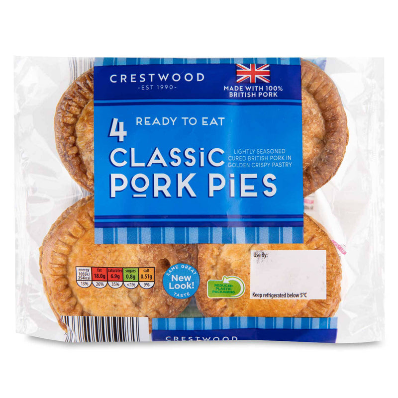 Classic pork pies in a 4 pack, imported from the UK
