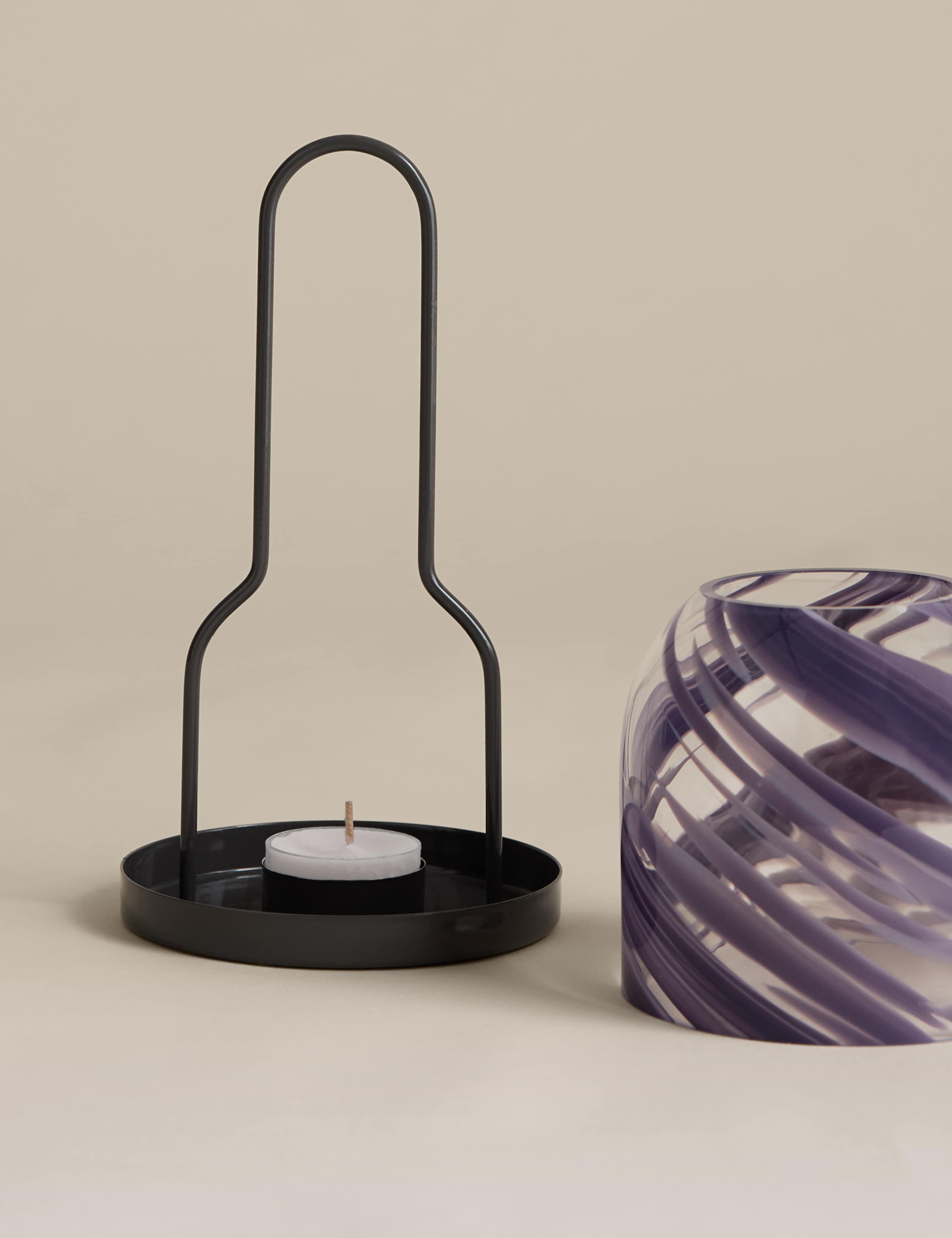 Coastal glass lantern with wave-like bands, 20cm tall, UK version