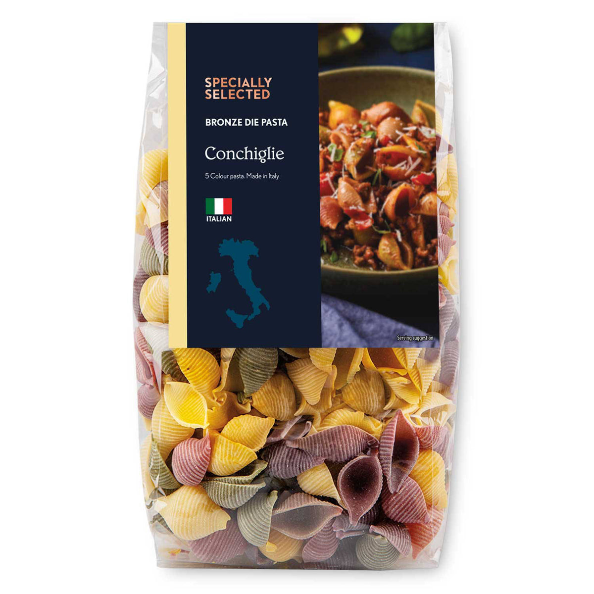 Italian Conchiglie five colour pasta - British product