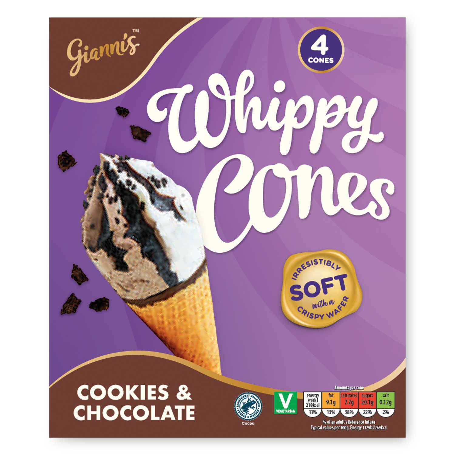 Cookies and chocolate whippy cones 4 pack, imported from the UK
