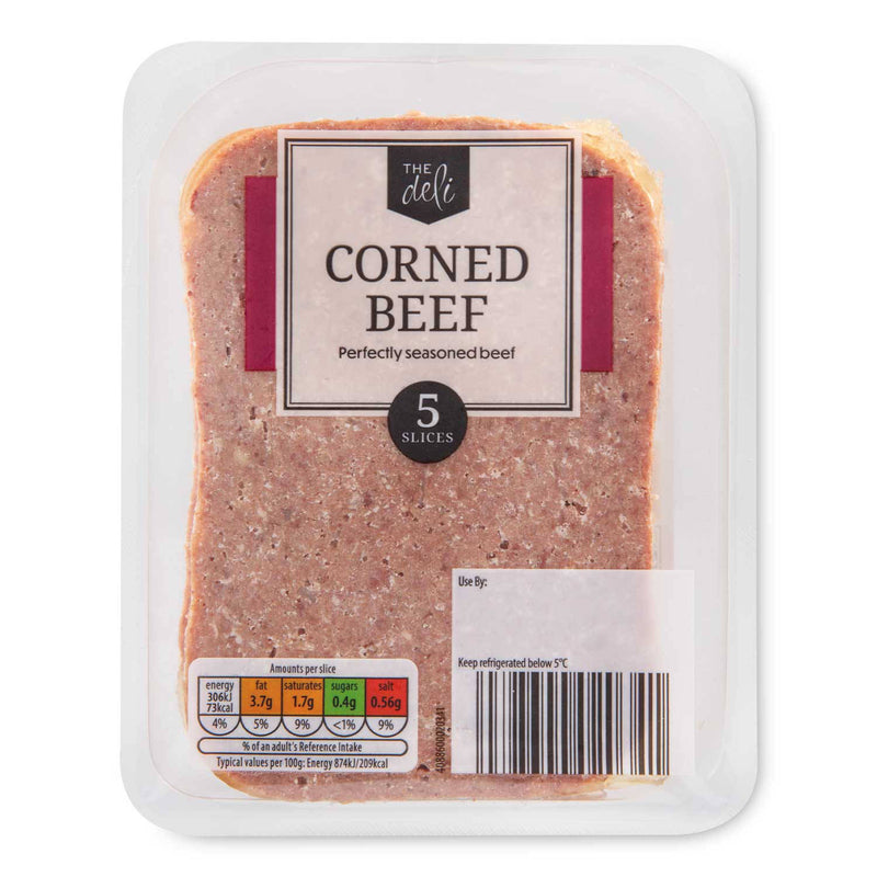 Corned beef made from cooked beef with salt and sugar, UK version