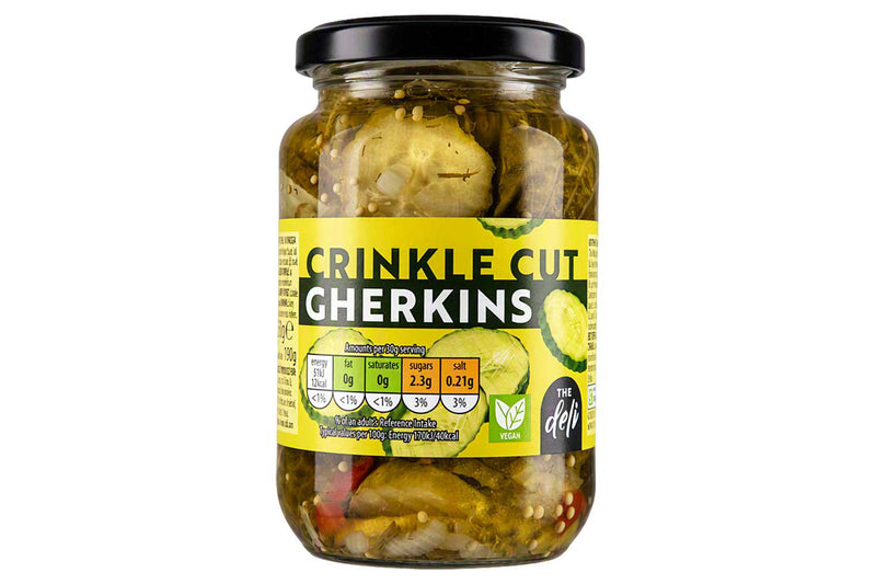 Cornichons and crinkle cut gherkins pickles (British brand)