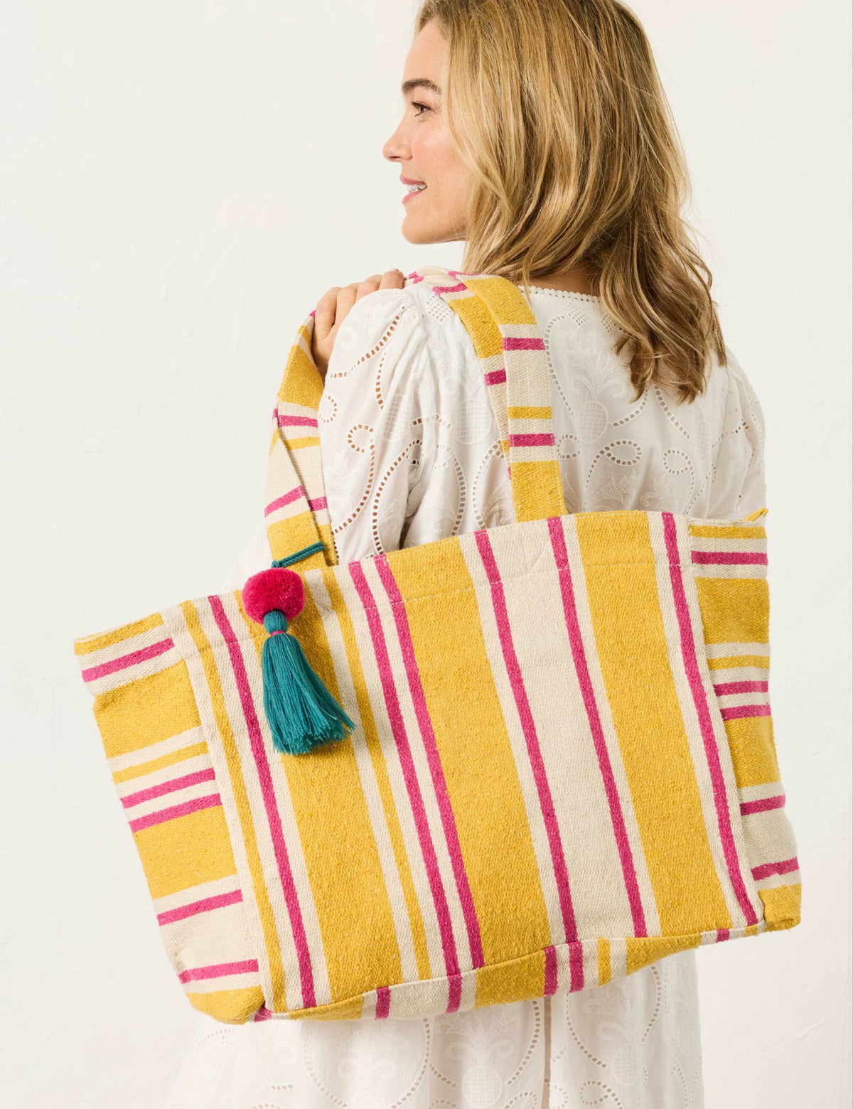 FatFace cotton blend striped tote bag, imported from the UK