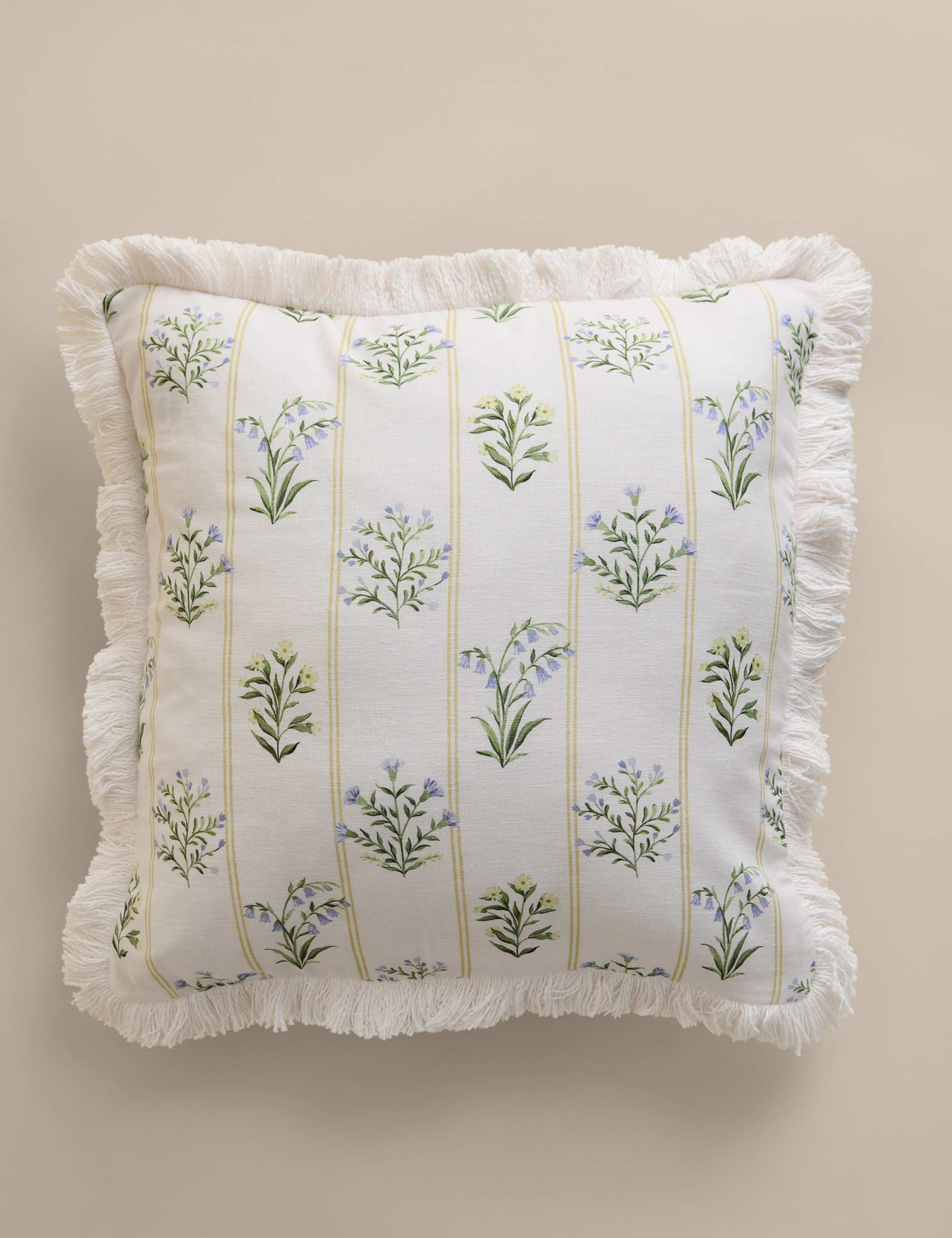 Cotton rich floral cushion with fringed edge, UK version