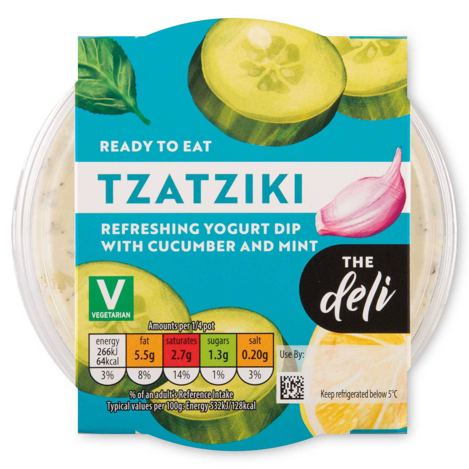 Creamy tzatziki dip, Greek-style, imported from the UK.