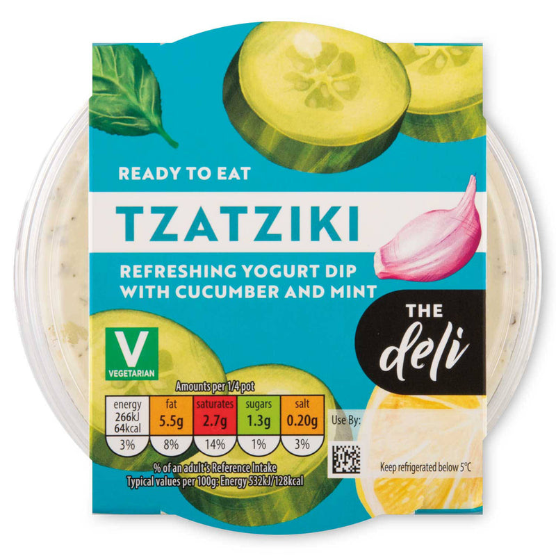 Creamy tzatziki dip, Greek-style, imported from the UK.