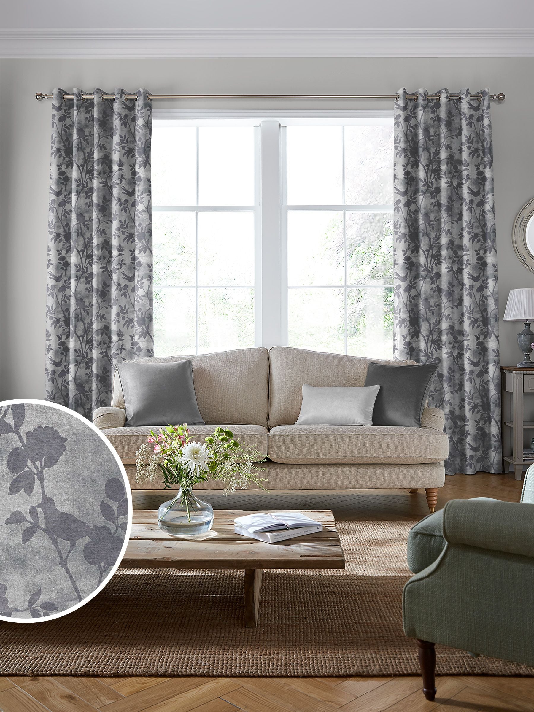 Laura Ashley Duegrå Eglantine gardiner etter mål - Britisk produkt