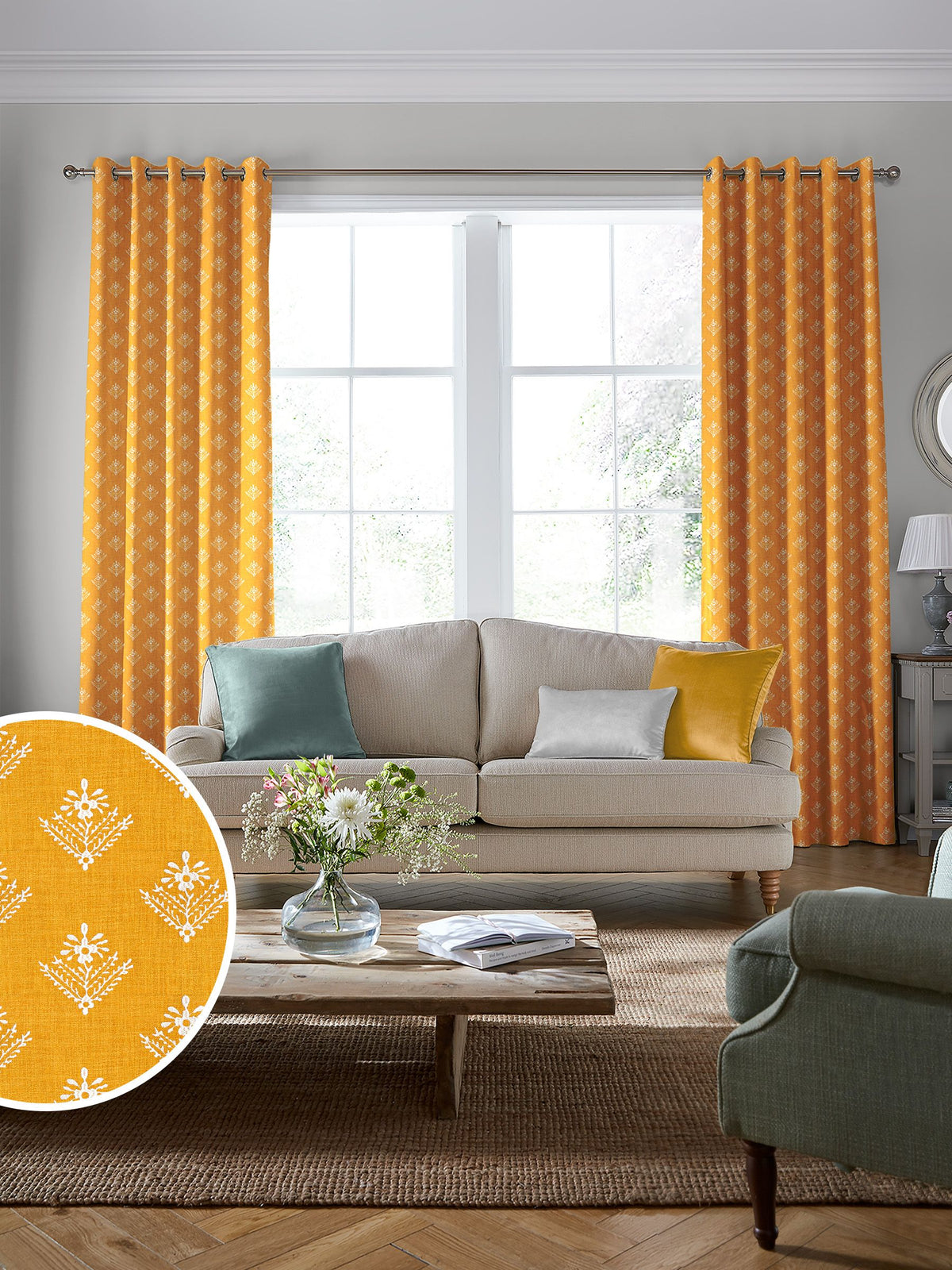 Laura Ashley Dijon Yellow Lady Fern made to measure curtains, UK version